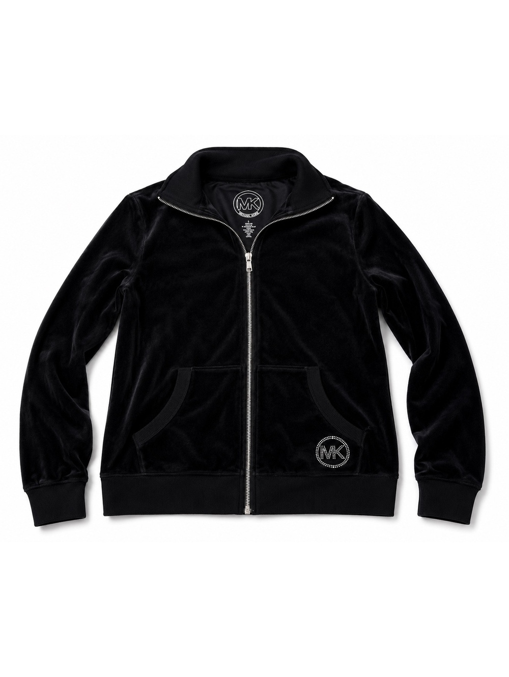 Michael Kors Black Velour Zip Up Jacket Rhinestone MK Logo Women’s Size Small
